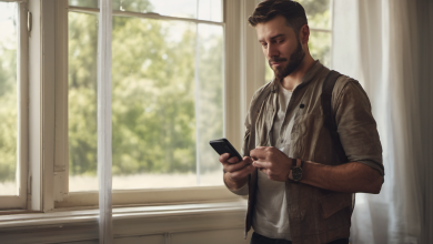 AI-generated image: A man is standing near a window, holding a smartphone in his hands.