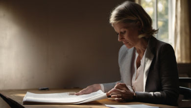 AI-generated image: A woman with blonde hair is sitting at a wooden table.