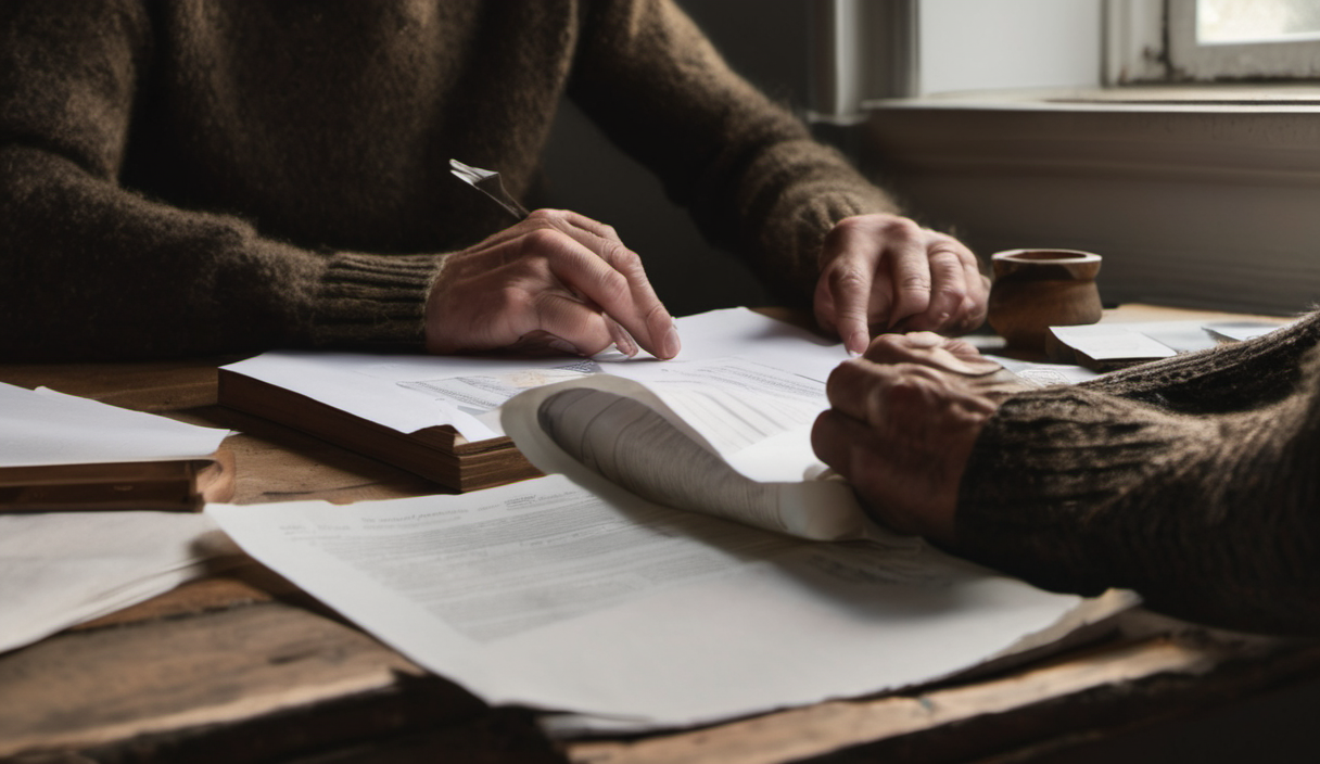 AI-generated image: Two hands are visible in the foreground, one holding a pen and examining a stack of open documents on a wooden table.