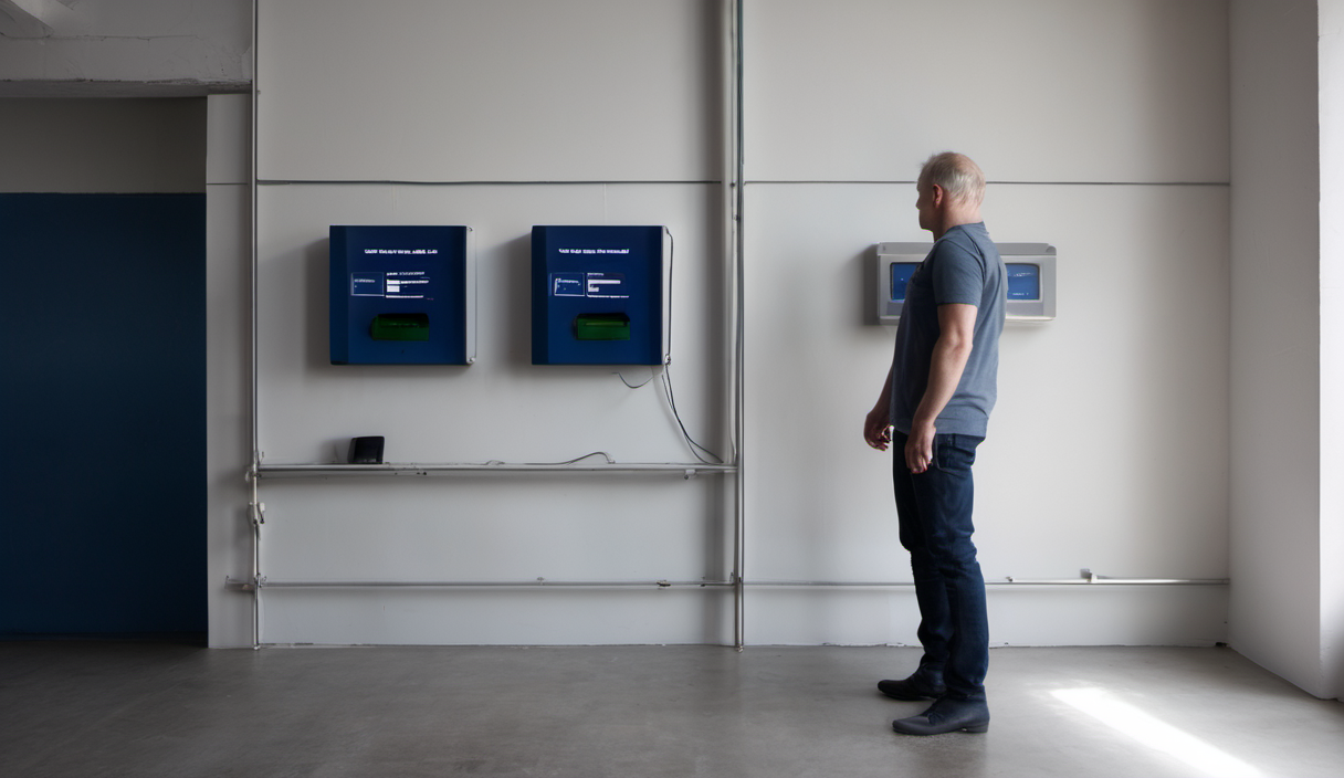 AI-generated image: The image shows a man standing in a room, facing a wall.