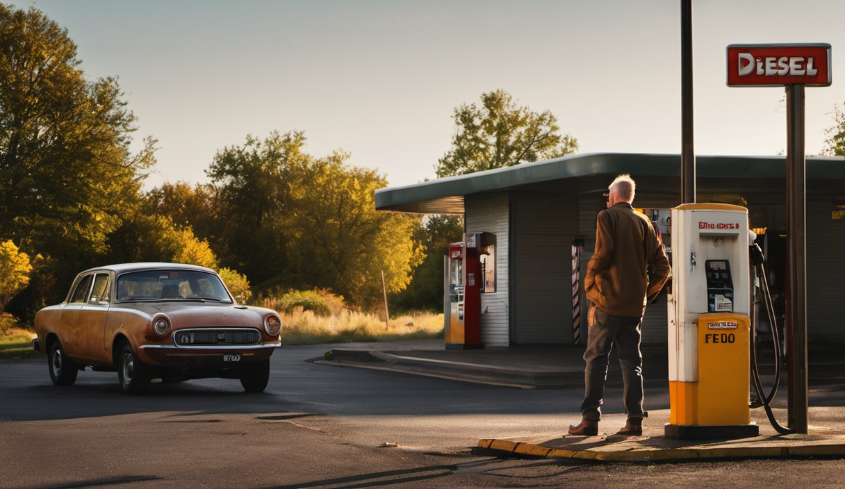 AI-generated image: The image shows a gas station with a weathered, older-model car parked in the foreground.