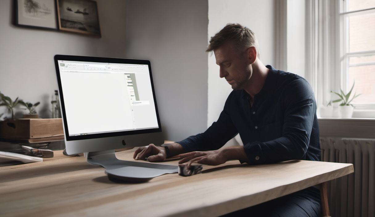 AI-generated image: A man is sitting at a wooden desk and working on a computer.