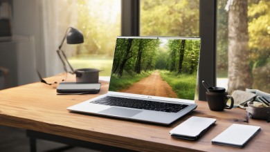 AI-generated image: A laptop displaying a scenic image of a dirt road through a forest.