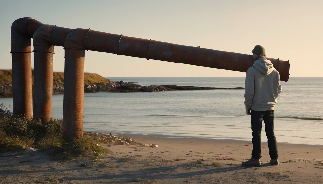AI-generated image: A man stands on a sandy beach, wearing a grey hooded sweatshirt, a grey cap, and dark trousers with brown shoes.