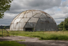 AI-generated image: A large, weathered, hemispherical structure dominates the scene.