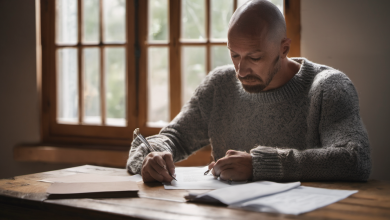 AI-generated image: A bald man with a beard is sitting at a wooden table.