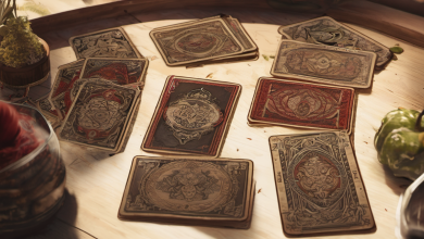 AI-generated image: A wooden table is covered with a collection of antique playing cards, some with ornate designs and aged paper.