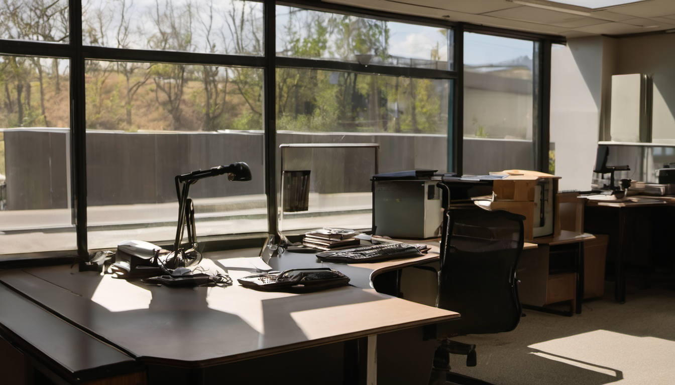 AI-generated image: A bright office space is shown with a large window providing natural light.