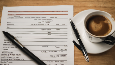 AI-generated image: A close-up shot of a table with a white ceramic coffee cup containing a dark brown coffee, a small white saucer, and a partially filled white receipt.
