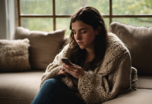 AI-generated image: A young woman is sitting on a beige sofa.