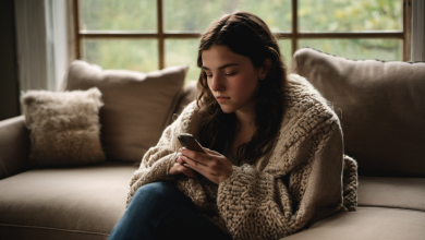 AI-generated image: A young woman is sitting on a beige sofa.
