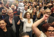 Supporters of Palestinian candidate Yousef Jabareen of the Joint List party celebrate early exit poll results, at the party's headquarters in Nazareth, during Israel's…