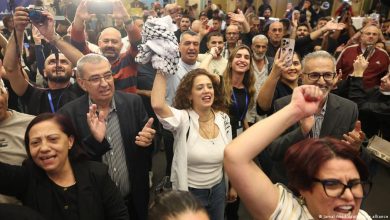 Supporters of Palestinian candidate Yousef Jabareen of the Joint List party celebrate early exit poll results, at the party's headquarters in Nazareth, during Israel's…
