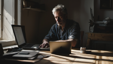 AI-generated image: A middle-aged man with gray hair and a beard is sitting at a wooden desk.