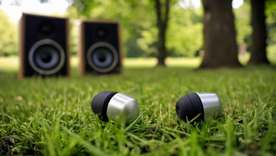 AI-generated image: Two black speaker boxes are placed on a green lawn.