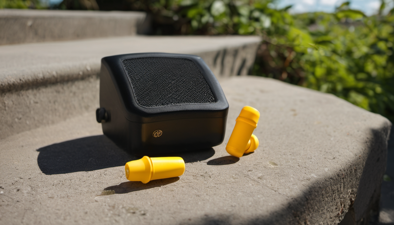 AI-generated image: A black portable speaker with a mesh front grill and a yellow earplug lying on a concrete surface.
