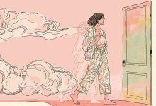 A woman in pajamas walks toward an open door, her ethereal trail reflecting the anxiety of decision-making amidst swirling clouds.