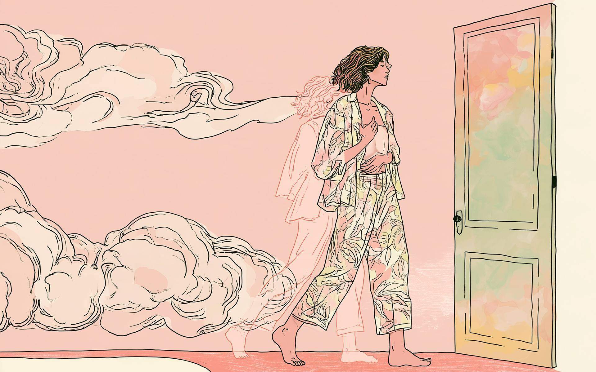 A woman in pajamas walks toward an open door, her ethereal trail reflecting the anxiety of decision-making amidst swirling clouds.