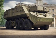 AI-generated image: A military vehicle, likely a self-propelled howitzer, is the main subject.