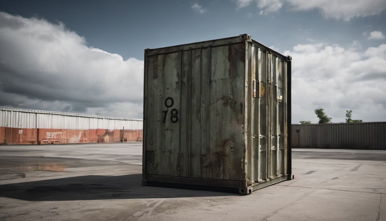 AI-generated image: A weathered, green shipping container with the number '78' painted on its side is the main subject.