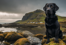 AI-generated image: A black Labrador dog is the main subject.
